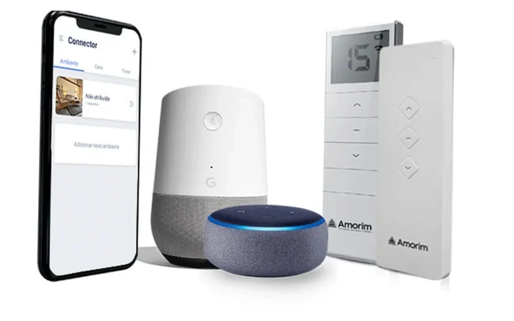Controles e integração de automação Amorim para cortinas e persianas