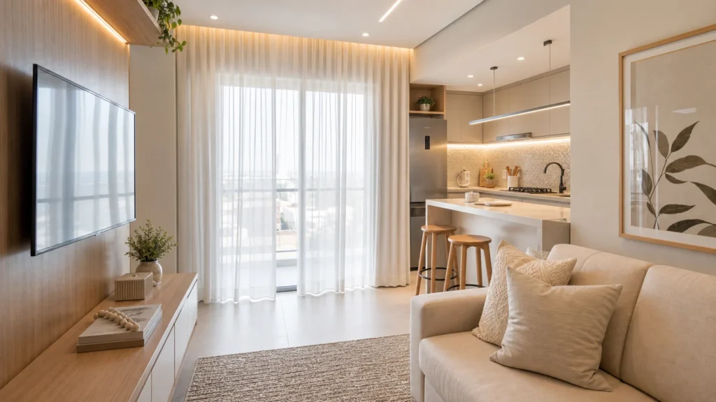 Apartamento compacto com cortinas leves e interiores modernos