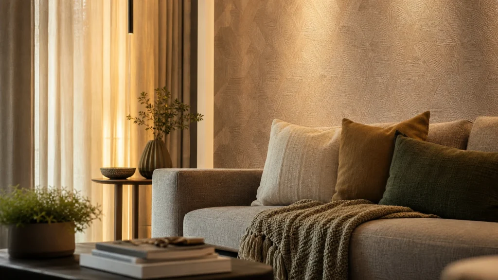 Sala sofisticada com papel de parede texturizado, cortinas e iluminação aconchegante