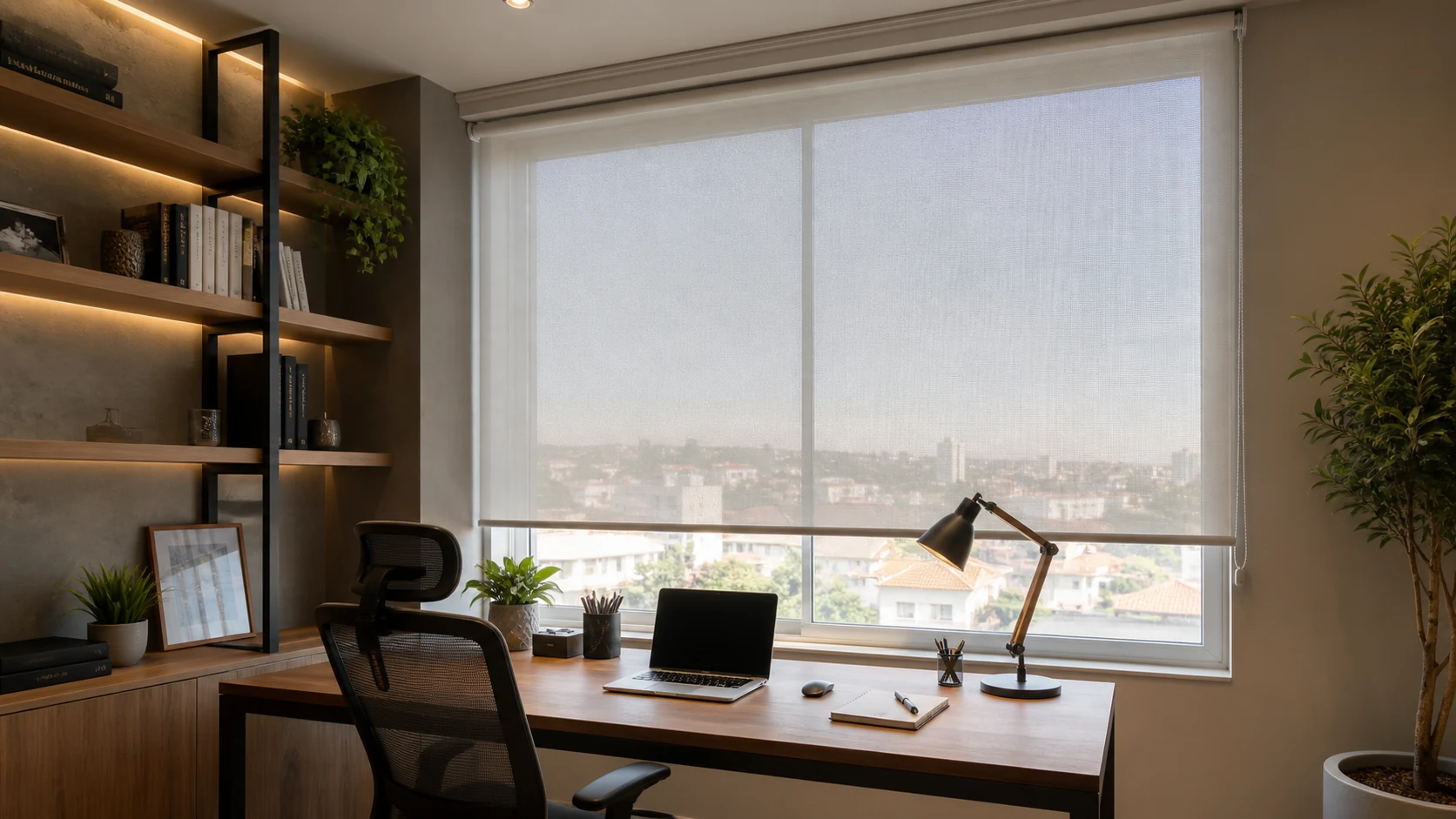 Home office com persiana screen controlando reflexo e luminosidade