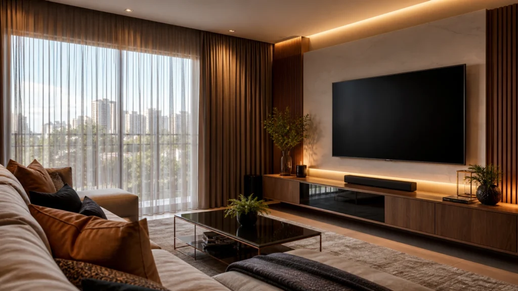 Sala de TV com cortinas e blackout para controle de reflexo