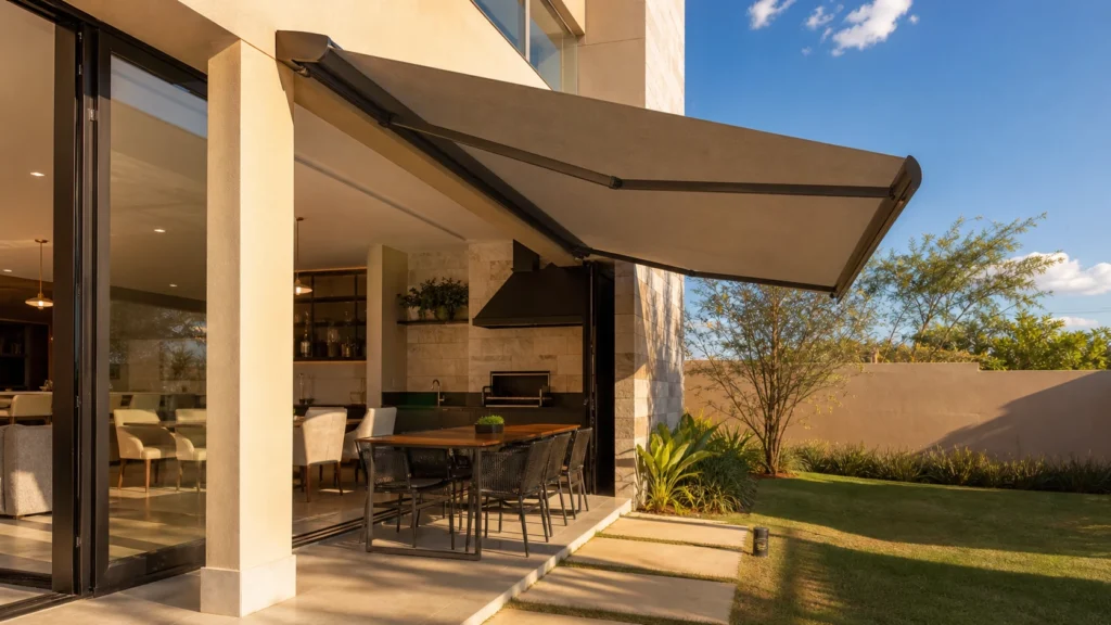 Varanda gourmet residencial com toldo retrátil para sombra elegante